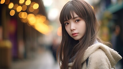 Obraz premium cute Asian girl dress in casual clothes with bokeh light, Generative Ai