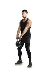 Isolated bodybuilder man, kettlebell exercise or focus for fitness workout, healthy or transparent...
