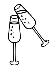 Festive toast. Glasses of fizzy drink clink each other. Sketch. Crystal tableware with champagne. Fizzy drink with bubbles. Vector illustration. Outlines on an isolated white background. Doodle style.