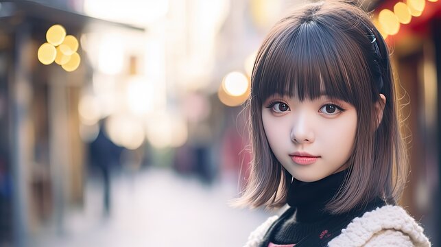cute Asian girl dress in casual clothes with bokeh light, Generative Ai