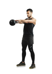 Fitness, strong and kettlebell with a bodybuilder man isolated on a transparent background for a...
