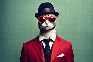 Cool rich successful hipster cat with sunglasses on a light green background