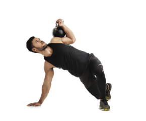 Fitness, strong and kettlebell workout with a man isolated on a transparent background for bodybuilding. Exercise, weight lifting and a young male bodybuilder or athlete training for health on PNG