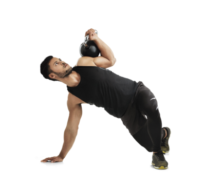 Fitness, strong and kettlebell workout with a man isolated on a transparent background for bodybuilding. Exercise, weight lifting and a young male bodybuilder or athlete training for health on PNG