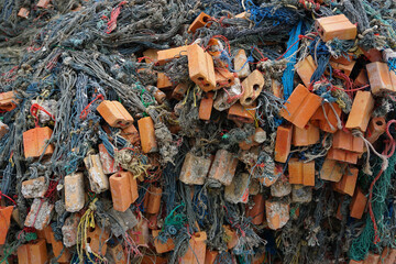 Fisherman tool, Brick at fishing net, Grunge background