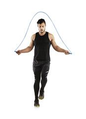 Man, jump rope and fitness with cardio and workout, health and wellness isolated on transparent png background. Male athlete, energy and action with sportswear, skipping and exercise with endurance