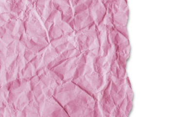 Recycled crumpled pink paper texture with a torn edge isolated on transparent, white background, PNG. Wrinkled and creased abstract backdrop, wallpaper with copy space, top view.