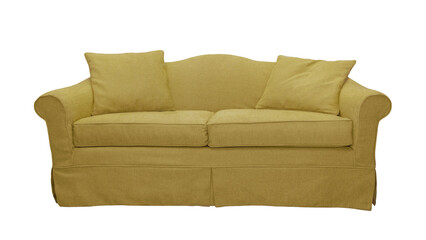 Yellow sofa with two pillows isolated on white, transparent background, PNG. Classic english style two seater cushion couch with upholstery cover, front view