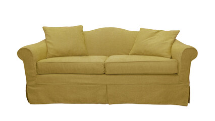 Yellow sofa with two pillows isolated on white, transparent background, PNG. Classic english style...
