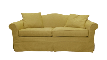 Yellow sofa with two pillows isolated on white, transparent background, PNG. Classic english style two seater cushion couch with upholstery cover, front view