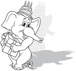 Drawing of a Cute Smiling Elephant Holds a Gift and has a Cake-shaped Hat on his Head