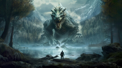 An epic fight with the huge dragon in the dungeons