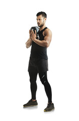 Fitness, man with a kettle bell and workout isolated against a transparent png background,...