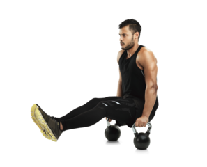 Man, fitness and balance on kettlebell, bodybuilder and muscle training isolated on transparent png background. Exercise, strong male athlete and concentration with bodybuilding and breathing