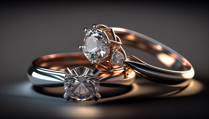 Silver ring with diamonds, close-up shot of a diamond ring in selective focus, Generative AI