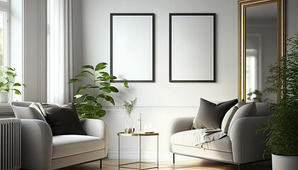 Mockup of two poster frames in a living area with a Scandinavian style, Generative AI