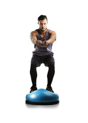 Exercise, man and a bosu ball for balance isolated on transparent, png background. Portrait of serious male athlete person, bodybuilder or aesthetic model for fitness training or squat workout