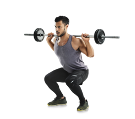 Man, exercise and weightlifting, bodybuilder and barbell squat with muscle training isolated on transparent png background. Fitness, strong male athlete and concentration with bodybuilding workout