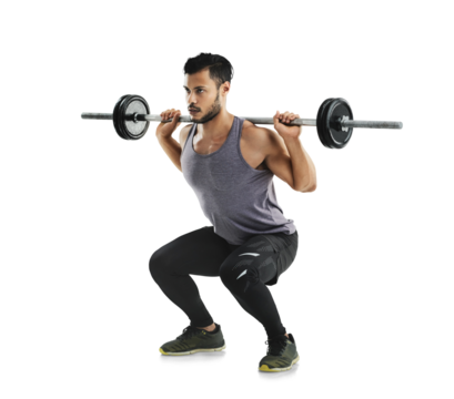 Man, exercise and weightlifting, bodybuilder and barbell squat with muscle training isolated on transparent png background. Fitness, strong male athlete and concentration with bodybuilding workout - Powered by Adobe