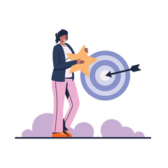 Cartoon smiling girl hits arrow in very center. Employee at work. Career goal achievement. Happy business. Rejoicing success. Vector flat style illustration