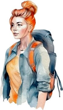 Beautiful Watercolor Traveler With Backpack. Young Girl With A Red Hair. AI Generated. Generative AI.