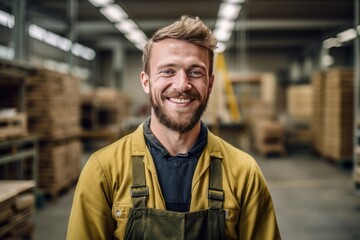 Lächelnder Mitarbeiter in der Fabrik: Verkörperung der deutschen Kultur mit sympathischer Persönlichkeit und maskuliner Ausstrahlung, Generative AI