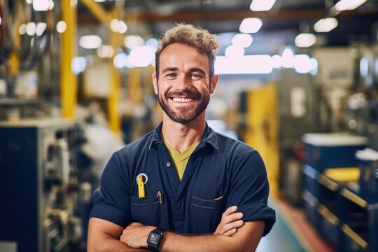 L&auml;chelnder Mitarbeiter in der Fabrik: Verk&ouml;rperung der deutschen Kultur mit sympathischer Pers&ouml;nlichkeit und maskuliner Ausstrahlung, Generative AI