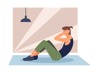 Cartoon young girl pushing her abs at home. Training time. Active and healthy lifestyle. Yoga and fitness. Doing workout indoor. Vector flat style illustration