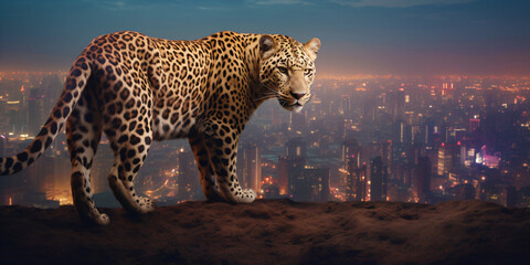 leopard in front of a city, generative ai