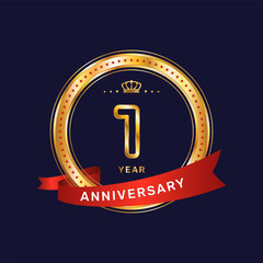 1 year anniversary logo with gold ring and red ribbon, vector template