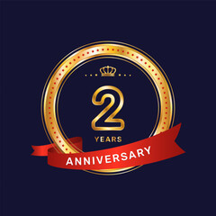 2 year anniversary logo with gold ring and red ribbon, vector template
