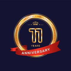 11 year anniversary logo with gold ring and red ribbon, vector template