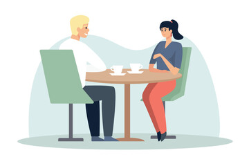 Colored cartoon handsome couple meeting and talking. Colleagues having conversation in modern restaurants. Friends spending time together in cafe. Vector