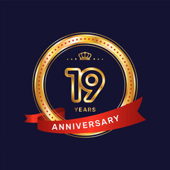 19 year anniversary logo with gold ring and red ribbon, vector template