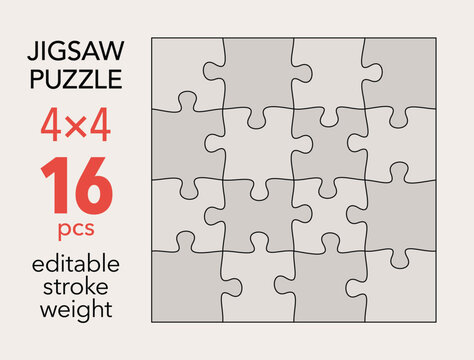 Empty jigsaw puzzle grid template, 4x4 shapes, 16 pieces. Separate matching puzzle elements. Flat vector illustration layout, every piece is a single shape.