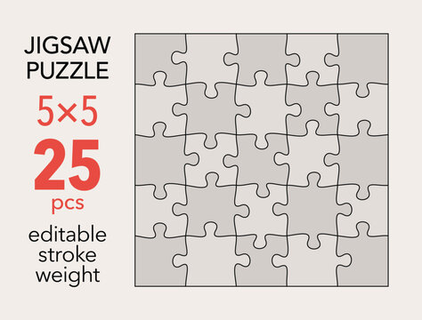 Empty jigsaw puzzle grid template, 5x5 shapes, 25 pieces. Separate matching puzzle elements. Flat vector illustration layout, every piece is a single shape.