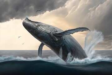 Humpback whale jumping in water, hyperrealism, photorealism, photorealistic - obrazy, fototapety, plakaty