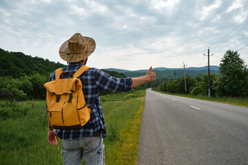 Hipster with hat and yellow backpack tries to stop car with thumbs up. Young Caucasian man hitchhiking standing by road on sunny summer day. Rear view. Concept of traveling alone.