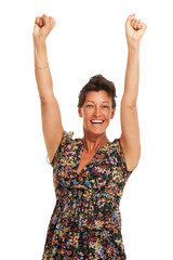 Portrait, fashion and dress with a winner woman isolated on a transparent background for success or motivation. Arms raised, trendy or achievement with a confident female person in celebration on PNG