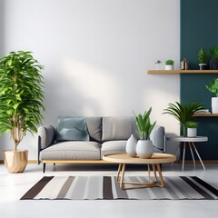 Modern interior with design sofa, furniture, wooden coffee tables, pillows, tropical plants and elegant personal accessories in stylish home decor. Neutral living room.