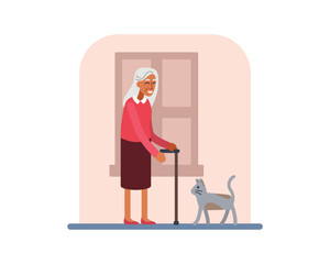 Cartoon smiling grandmother with stick stroking cat. Old people doing different things. Senior people spending time at home. Happy old age. Vector flat style
