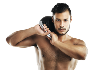 Portrait, exercise and kettlebell with a bodybuilder man isolated on a transparent background for a workout. Fitness, weight lifting and strong with a muscular male athlete training shirtless on PNG