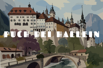 Puch bei Hallein: Beautiful painting of an Austrian village with the name Puch bei Hallein in Salzburg © Modern Design & Foto