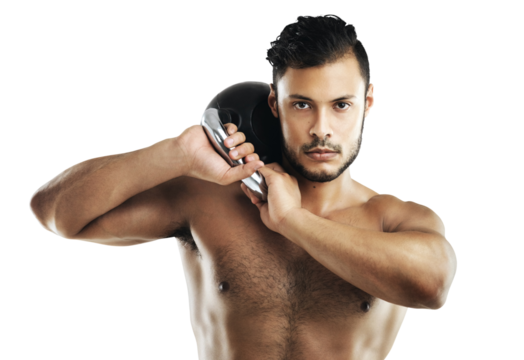 Portrait, exercise and kettlebell with a bodybuilder man isolated on a transparent background for a workout. Fitness, weight lifting and strong with a muscular male athlete training shirtless on PNG