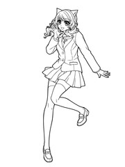 Clip art of anime style girl(full body) for coloring book (No cat ears)