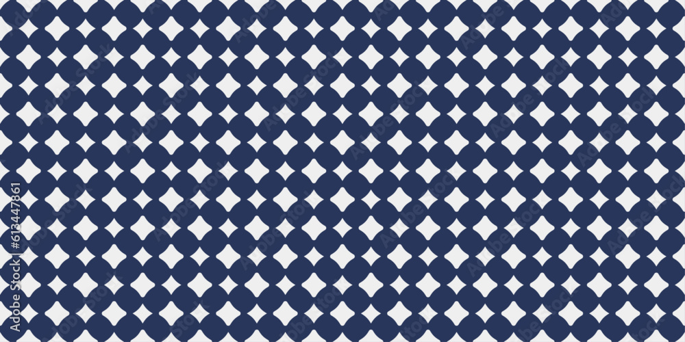 Poster A grid of a simple pattern with a four-pointed shape. Blue background and white repeating shapes. Vector simple pattern, for print and interior.