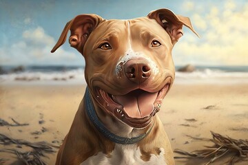 A happy Pit Bull Terrier/ Labrador Retriever mixed breed dog with floppy ears, hyperrealism, photorealism, photorealistic