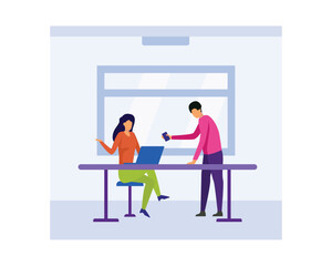 Cartoon faceless employees discussing work on laptop. Multicultural team. Colleagues in office. Coworking center. Business people. Brainstorming ideas. Vector