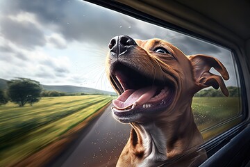 Happy dog with head out of the car window having fun, generative ai, hyperrealism, photorealism, photorealistic