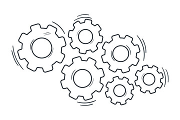 Outline illustration of working gears mechanism. Concept of communication and teamwork. Sketch cog drawing. Vector graphic.